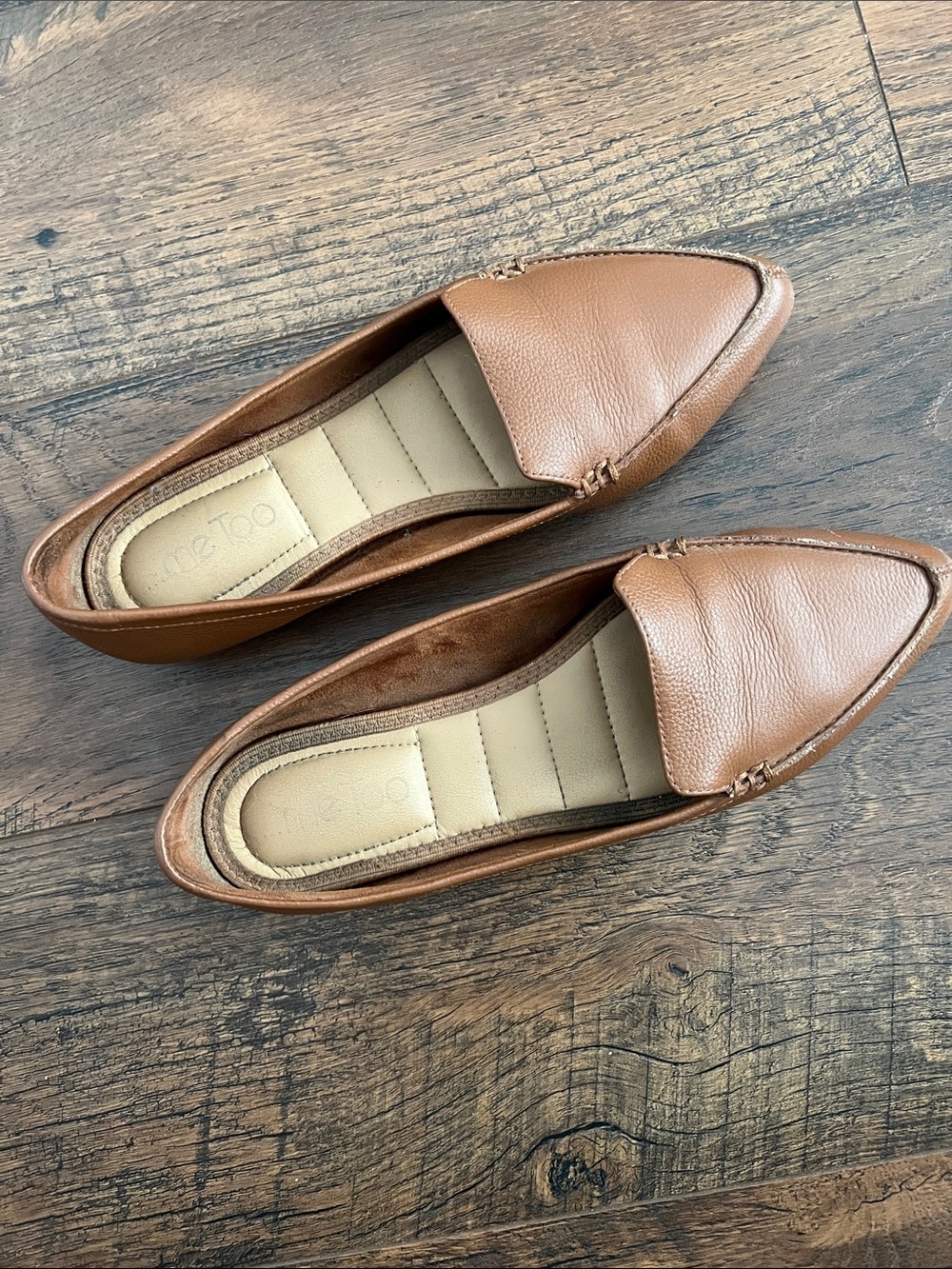 me too Tan Brown Leather Pointed Toe Loafers for Women